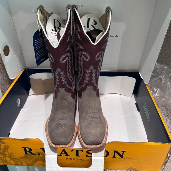 R. Watson Womens Cowboy Boots 9.5B Charcoal Roughout Dark Cherry Cowhide NEW - Picture 3 of 8